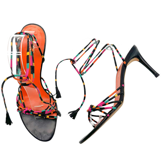 Dolce & Gabbana Black Multicolor Striped Wrap Sandal Heels