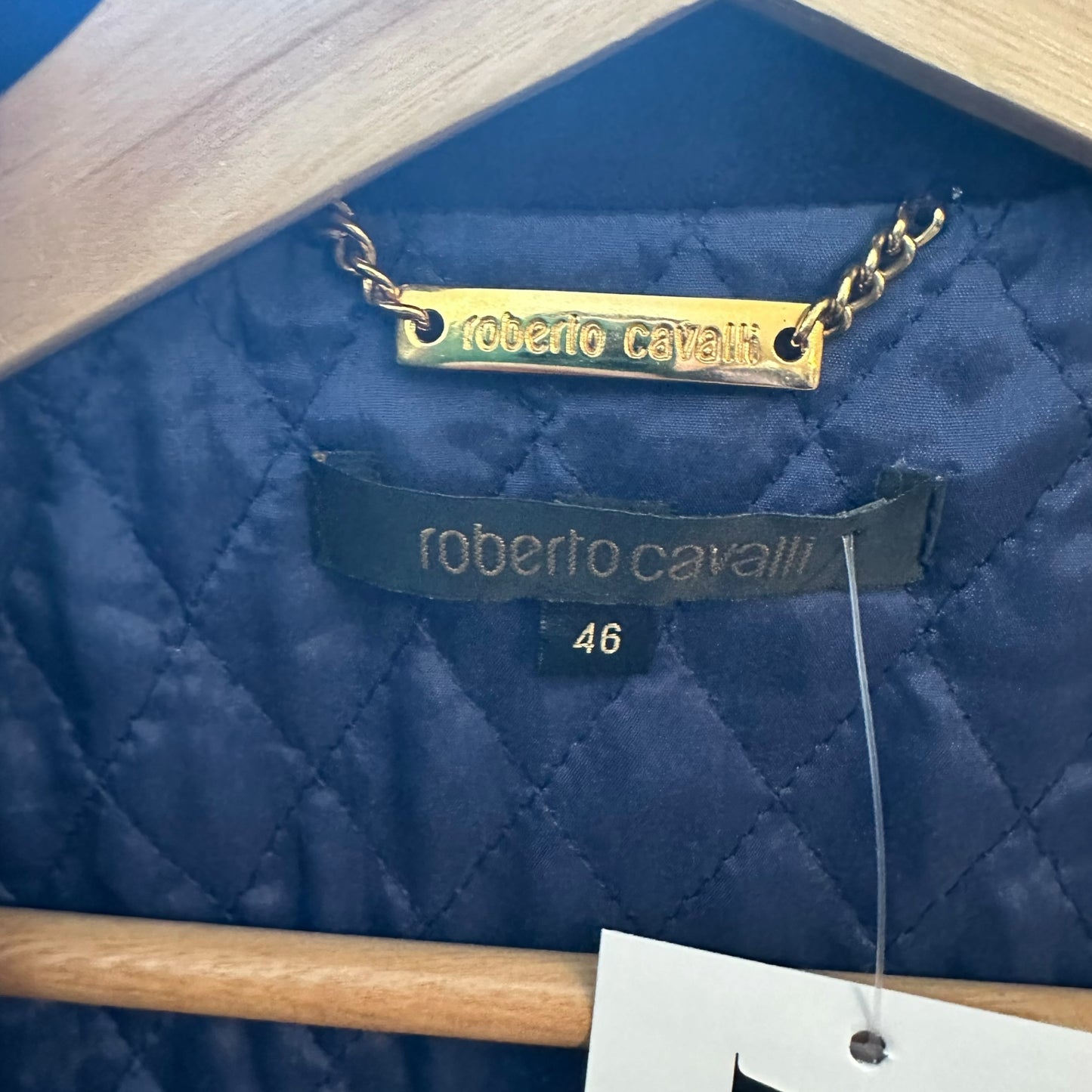 Roberto Cavalli Navy Blue Suede Blazer Jacket With Gold Trim