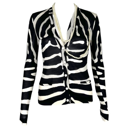 Christian Dior S/S 2008 Silk & Wool Zebra Print Knit Cardigan & Pearl Necklace