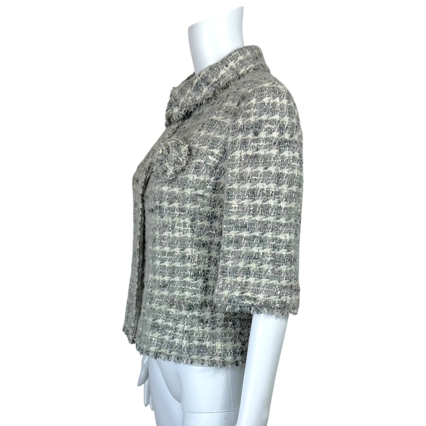 Chanel Fall 2005 Metallic Silver & Ivory Tweed Crop 1/2 Sleeve Jacket
