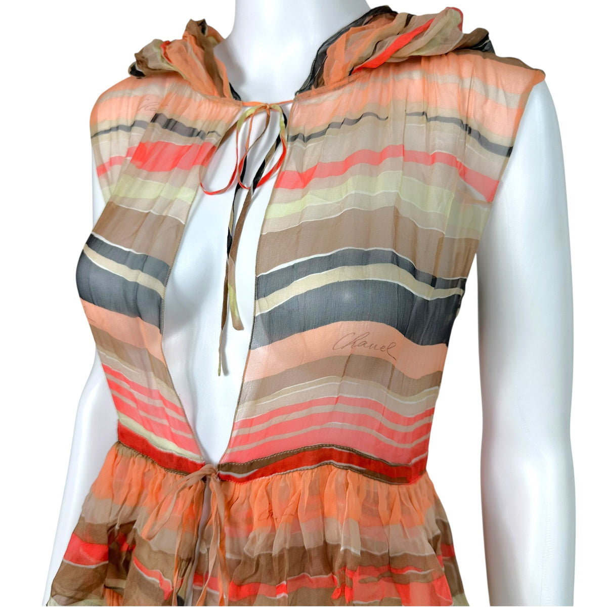 Chanel Spring 2001 Coral Striped Tiered Silk Hooded Mid-Length Vest Top