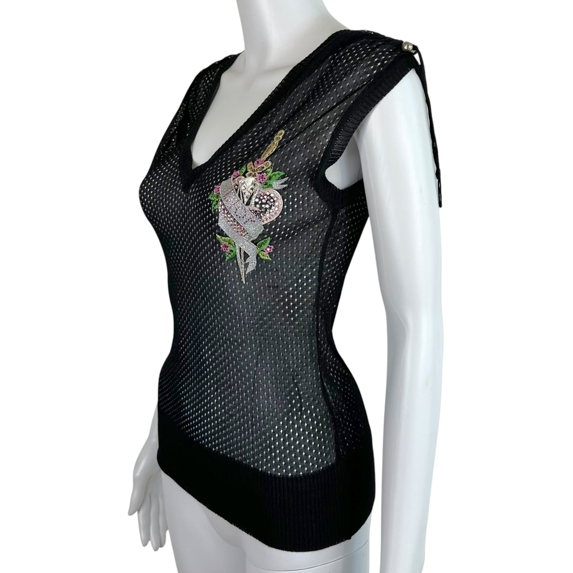 Christian Dior Black Knit Semi-Sheer Top with Rhinestones