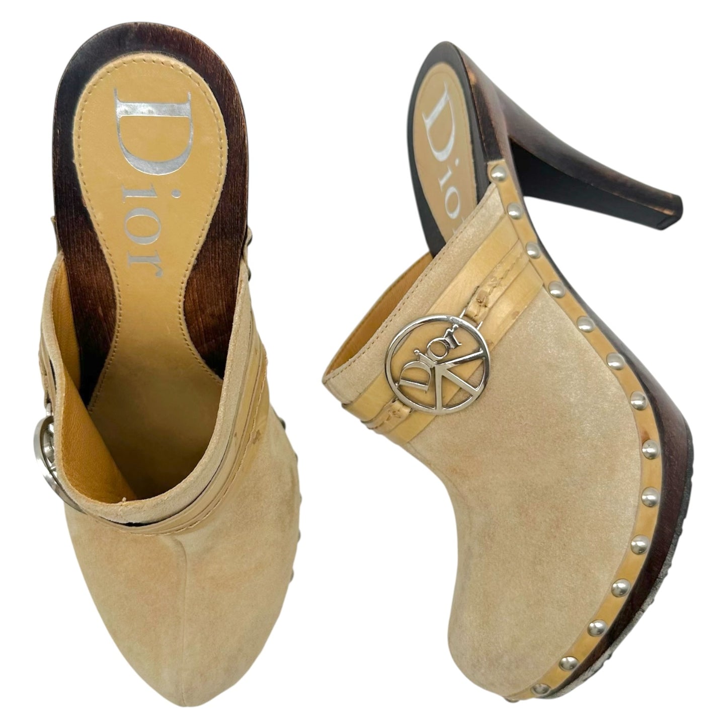 Christian Dior Tan Suede Mule Clogs With Wooden Heel