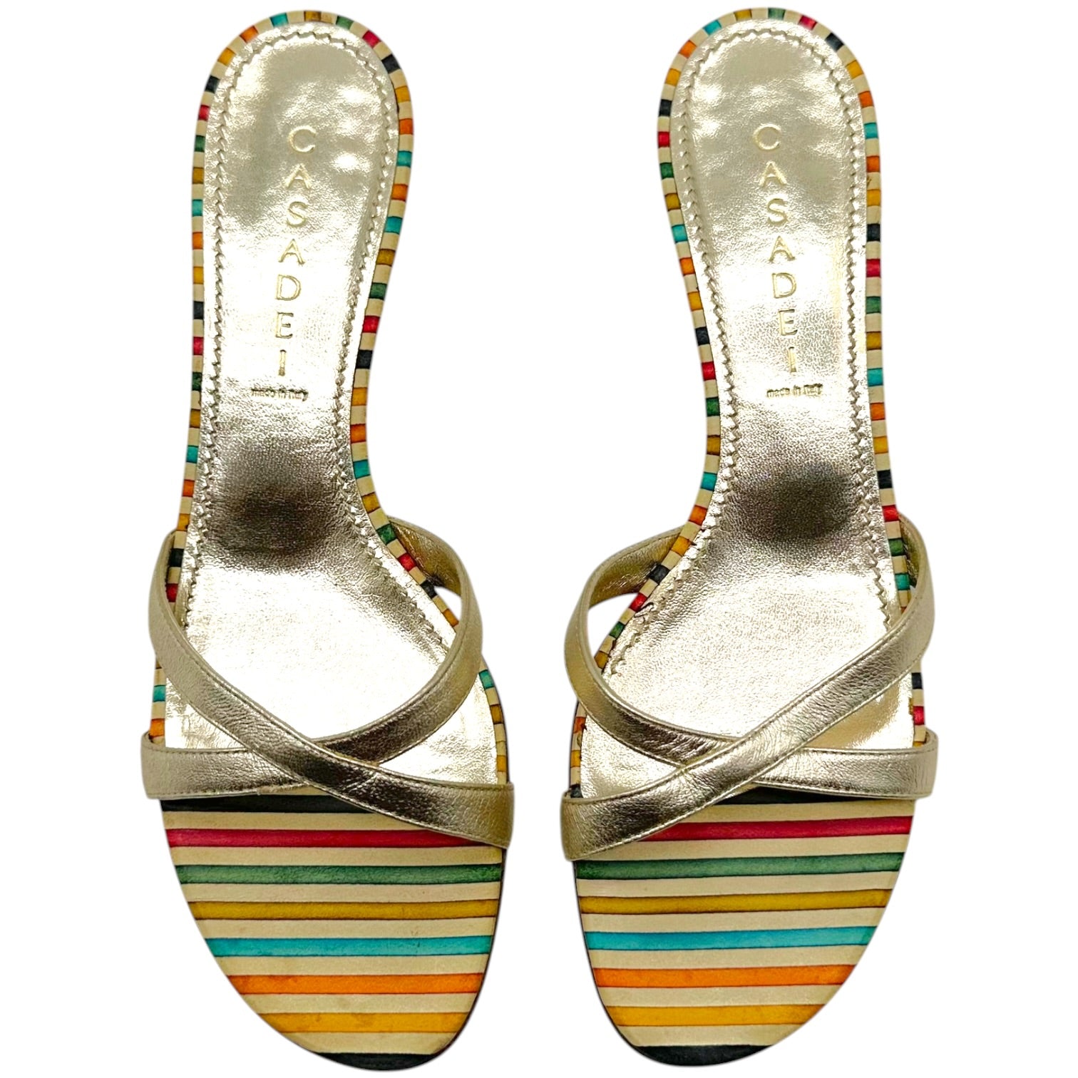 Casadei Metallic Gold Multicolor Striped Kitten Heel Mules