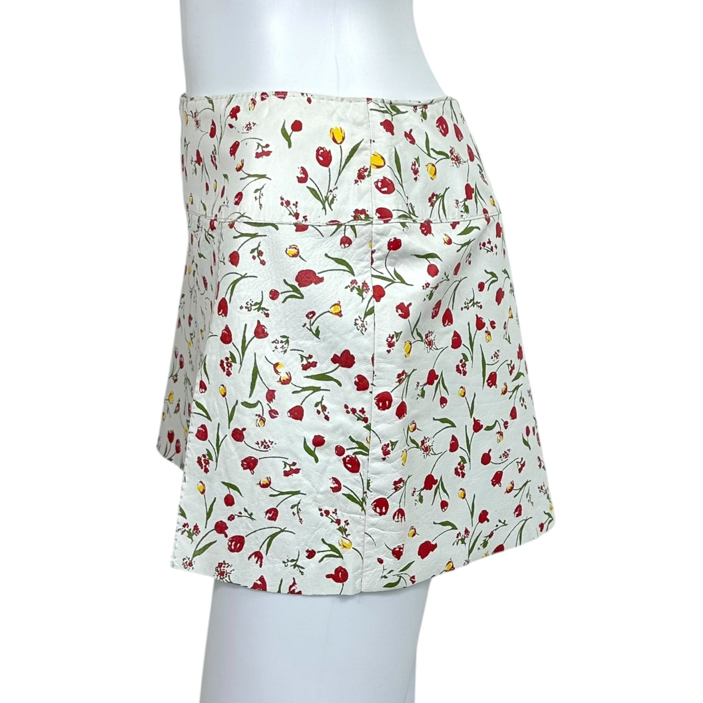 D&G Dolce & Gabbana White & Red Floral Print Leather Mini Skirt