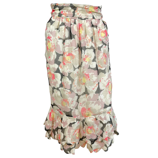 John Galliano Silk Floral Print Midi Skirt