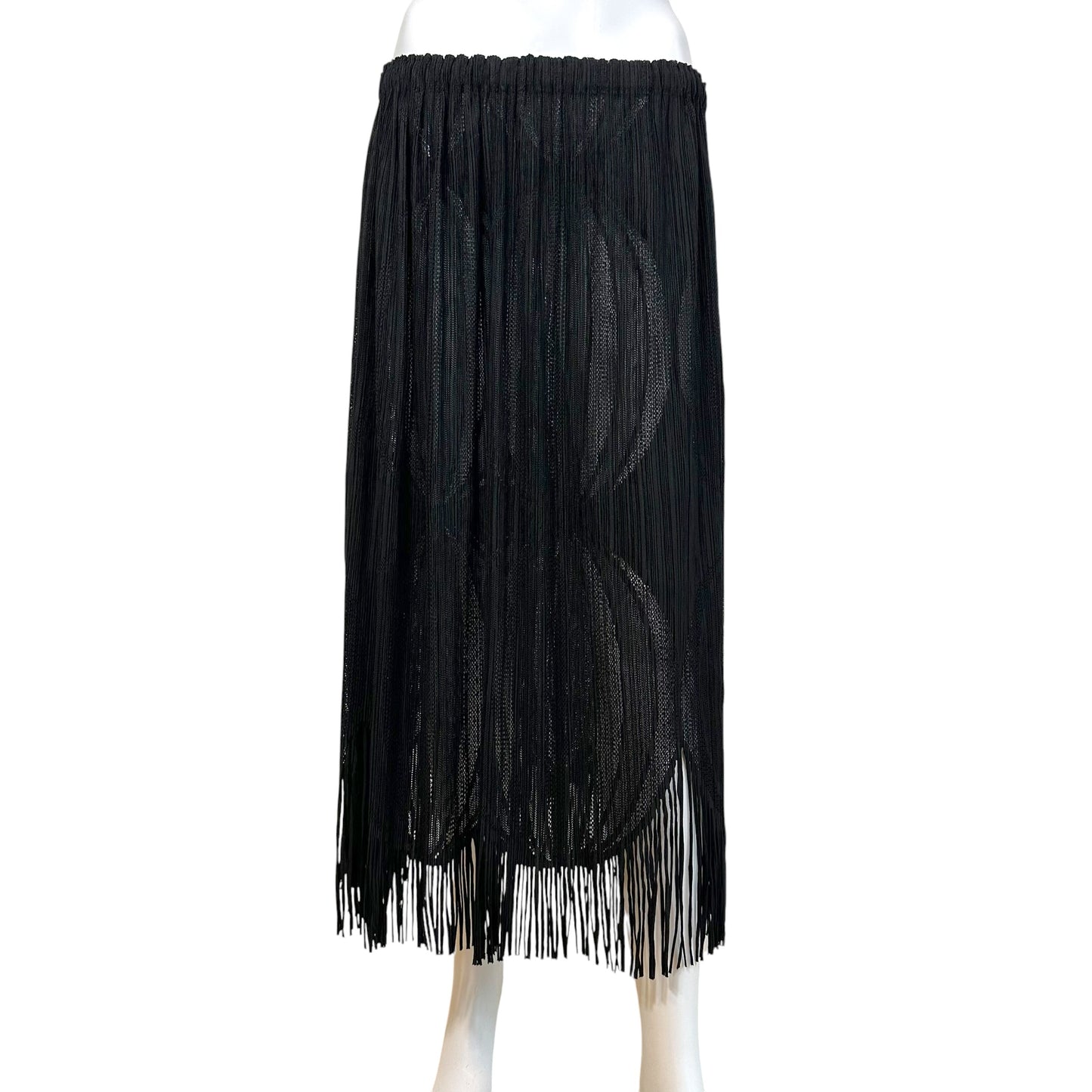Issey Miyake Pleats Please Black Perforated Fringe Trim Midi Skirt