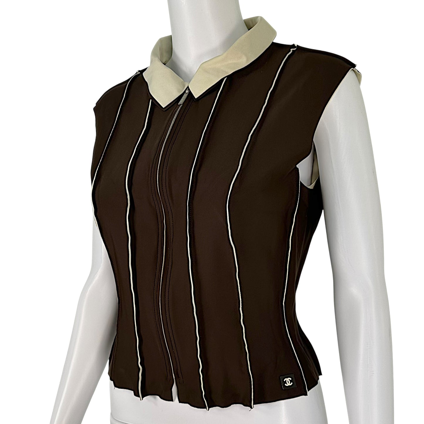 Chanel Spring 1999 Brown Paneled Spandex Zip Up Cropped Top NEW