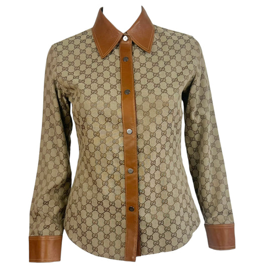 Gucci by Tom Ford 2000 Tan Monogram & Leather Button Up Shirt