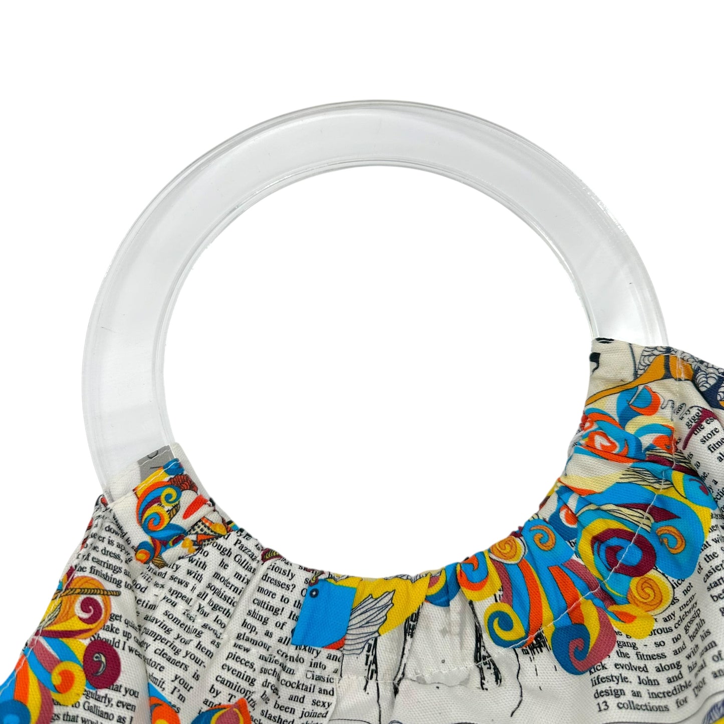 John Galliano Gazette Newsprint & Multicolor Fish Lucite Handle Tote Bag