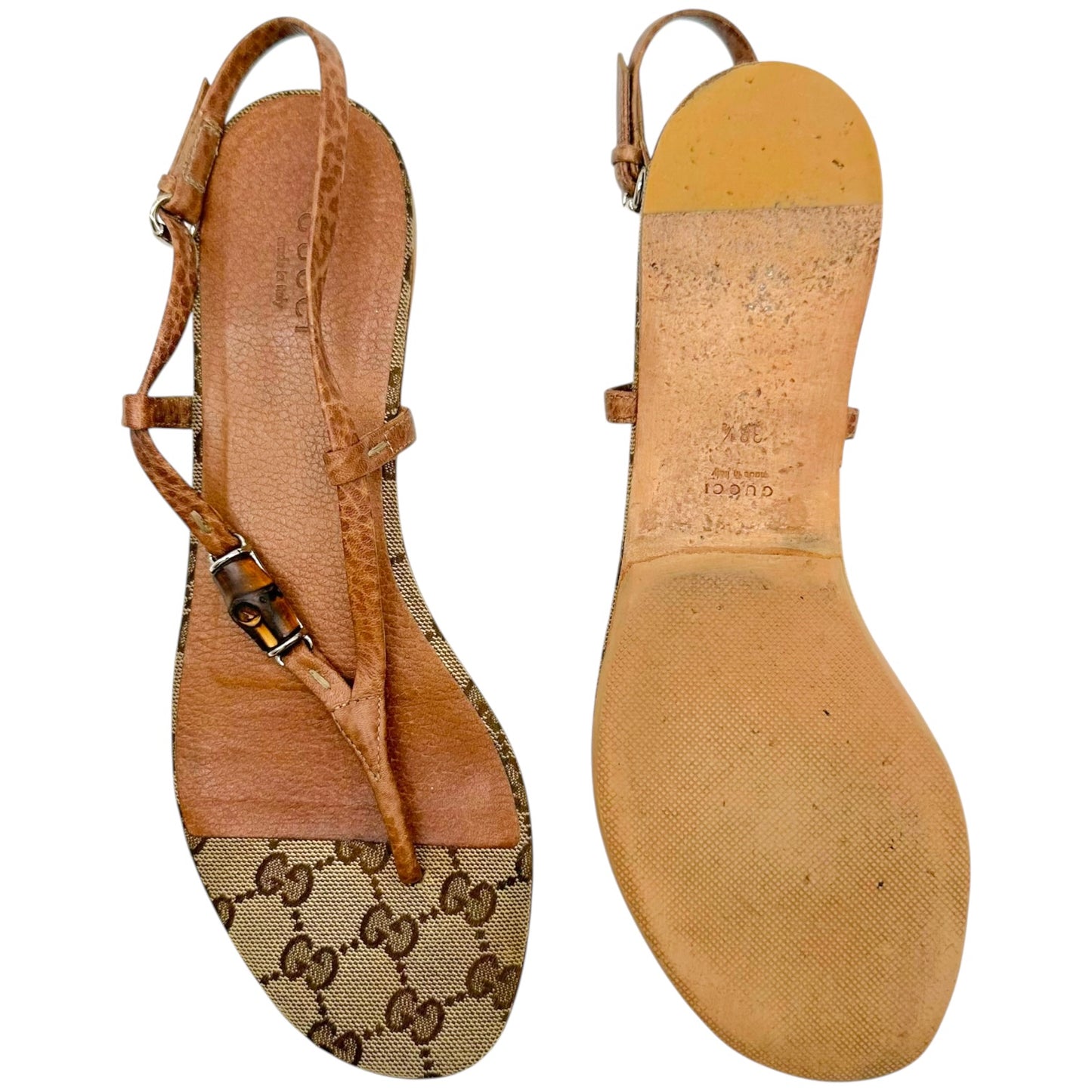 Gucci Tan Monogram Leather Bamboo Flip Flops Size 38.5
