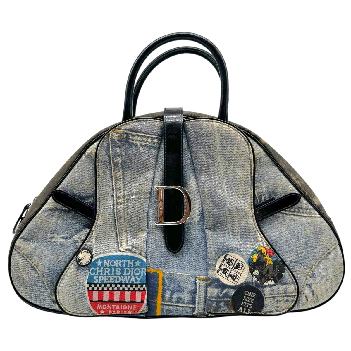 Christian Dior Denim Print Large Double Saddle Bowler Bag