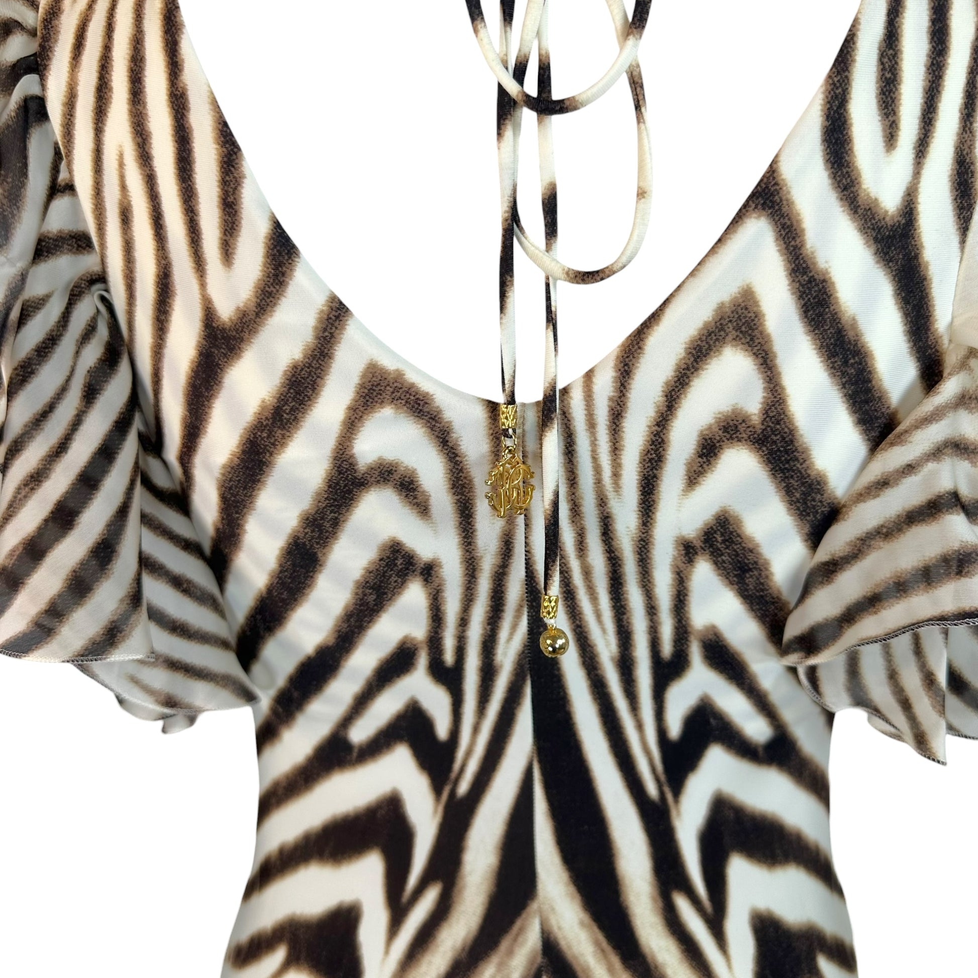 Roberto Cavalli Mini Dress White Brown Zebra Print Ruffle