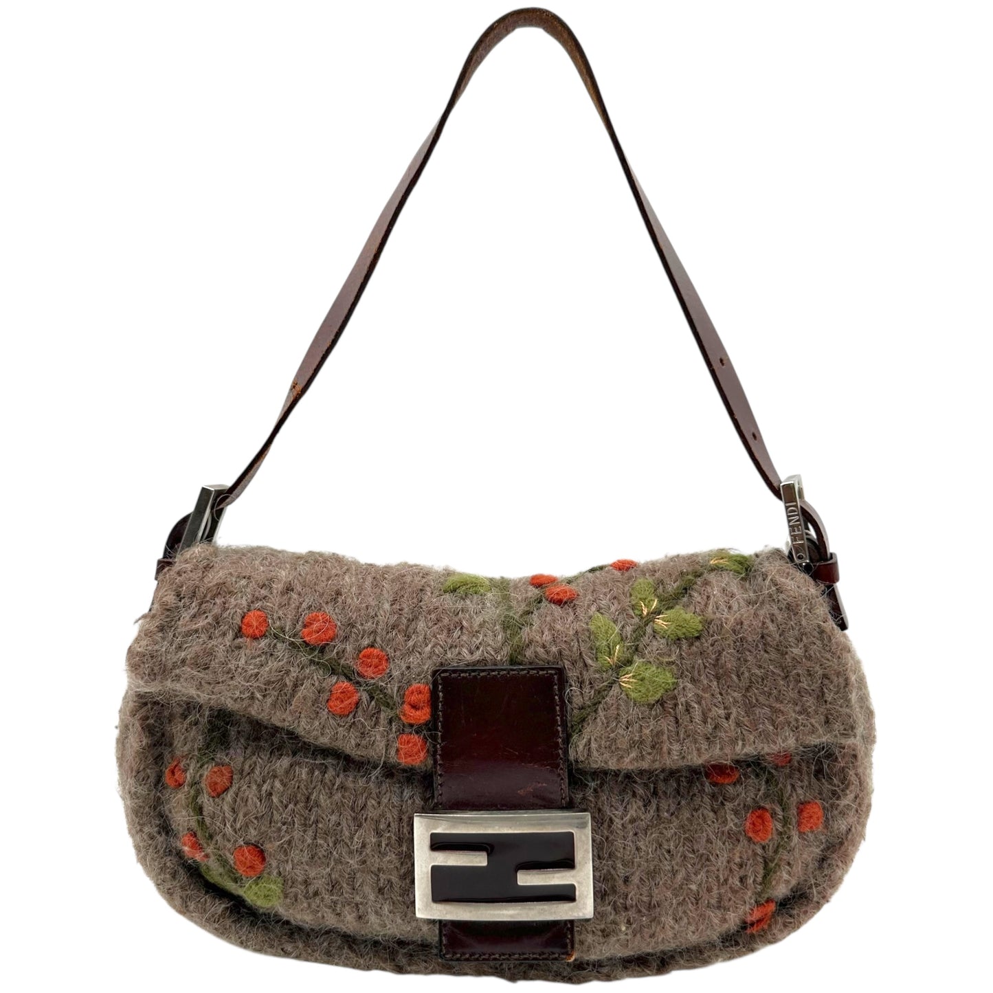 Fendi Gray Wool Cherry Embroidered Baguette Bag RARE