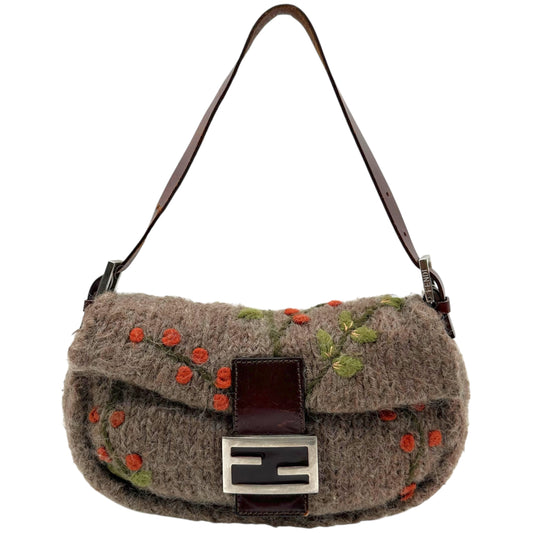 Fendi Gray Wool Cherry Embroidered Baguette Bag RARE