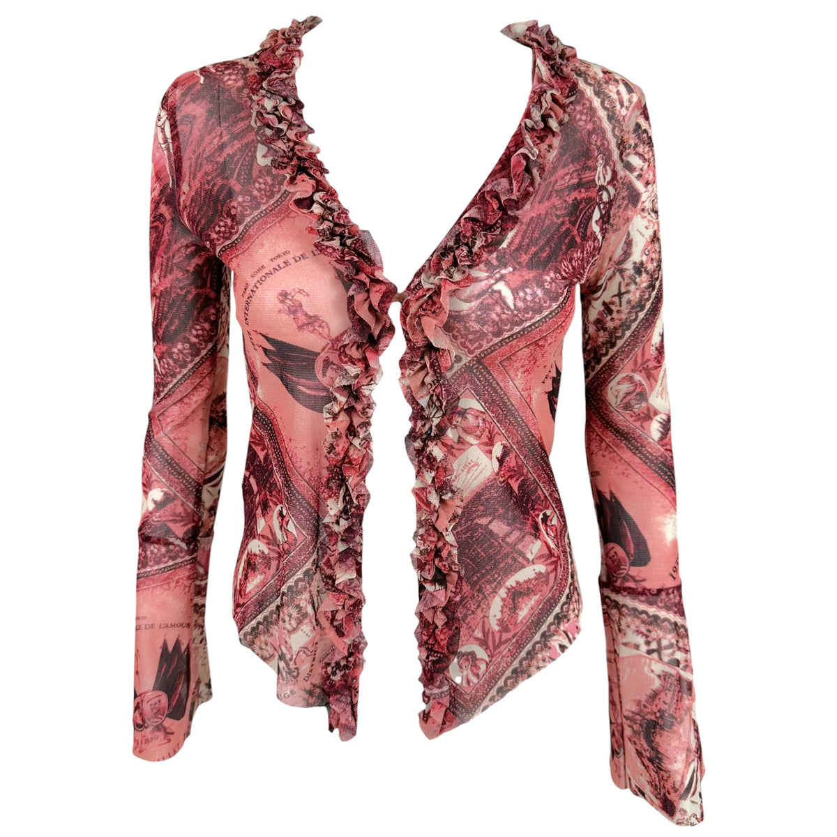 Jean Paul Gaultier Jean's Burgundy Postcard Print Mesh Fringe Trim Cardigan Top