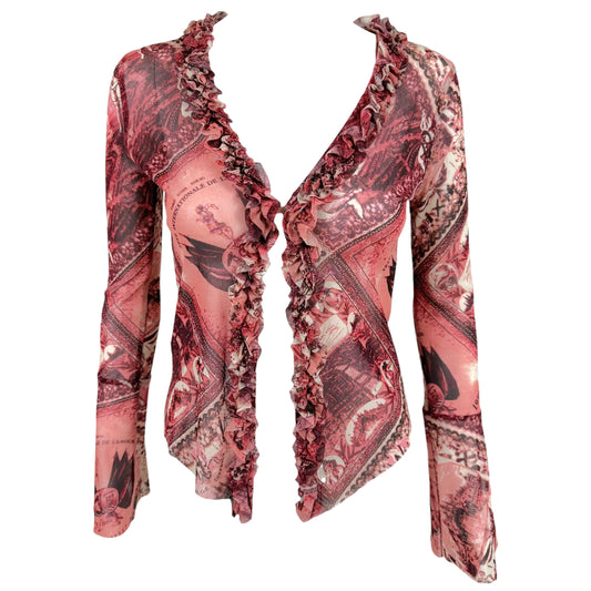 Jean Paul Gaultier Burgundy Postcard Print Mesh Cardigan