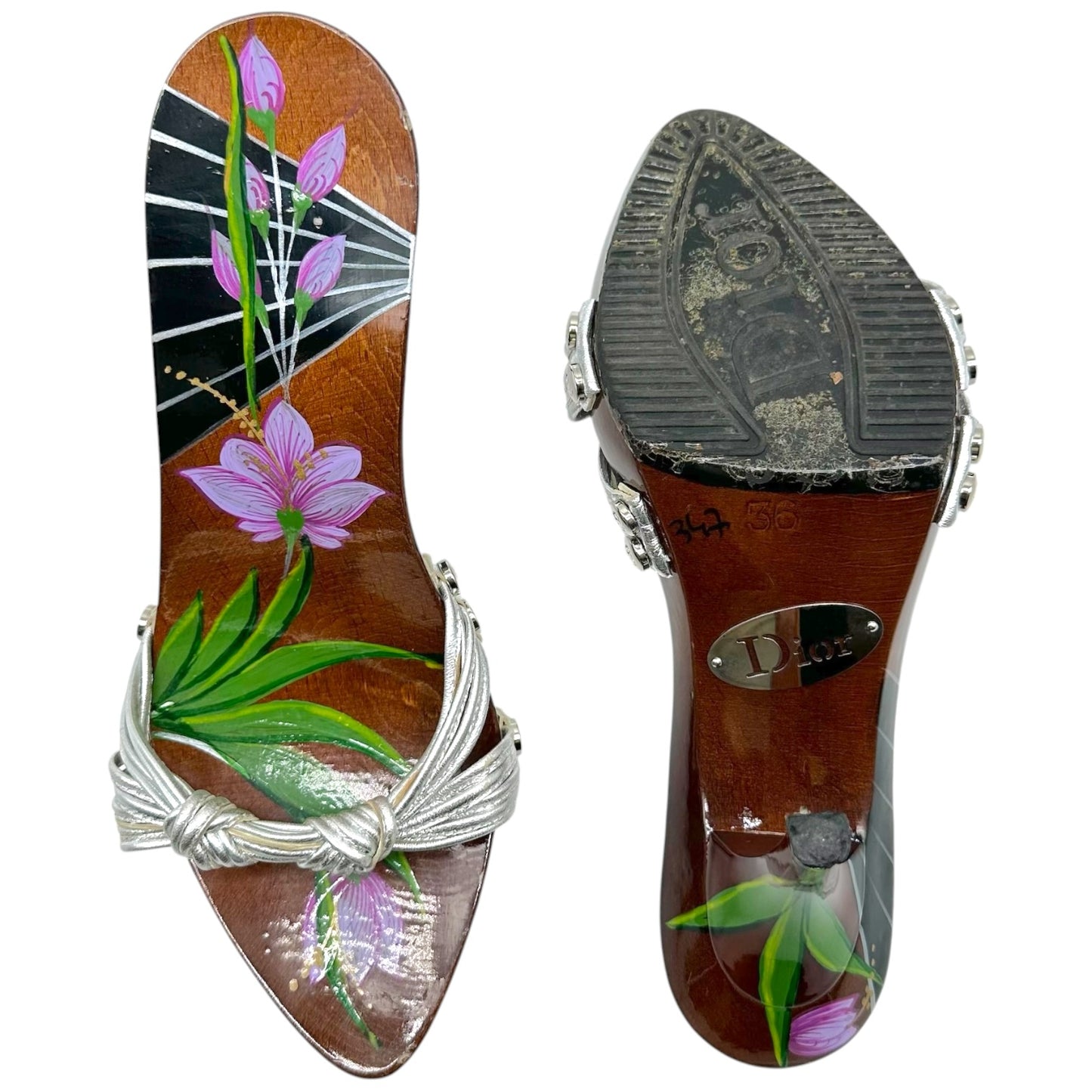 Christian Dior Silver Leather & Hand Painted Wooden Mule Heels