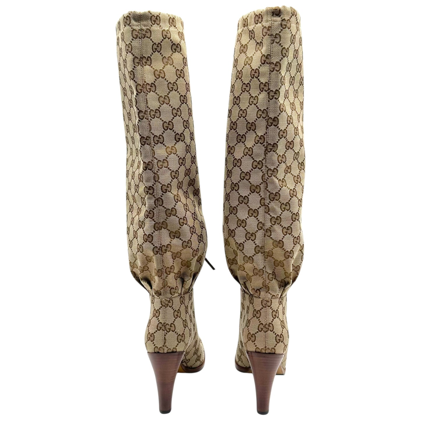 Gucci Heeled Knee High Boots Tan Monogram