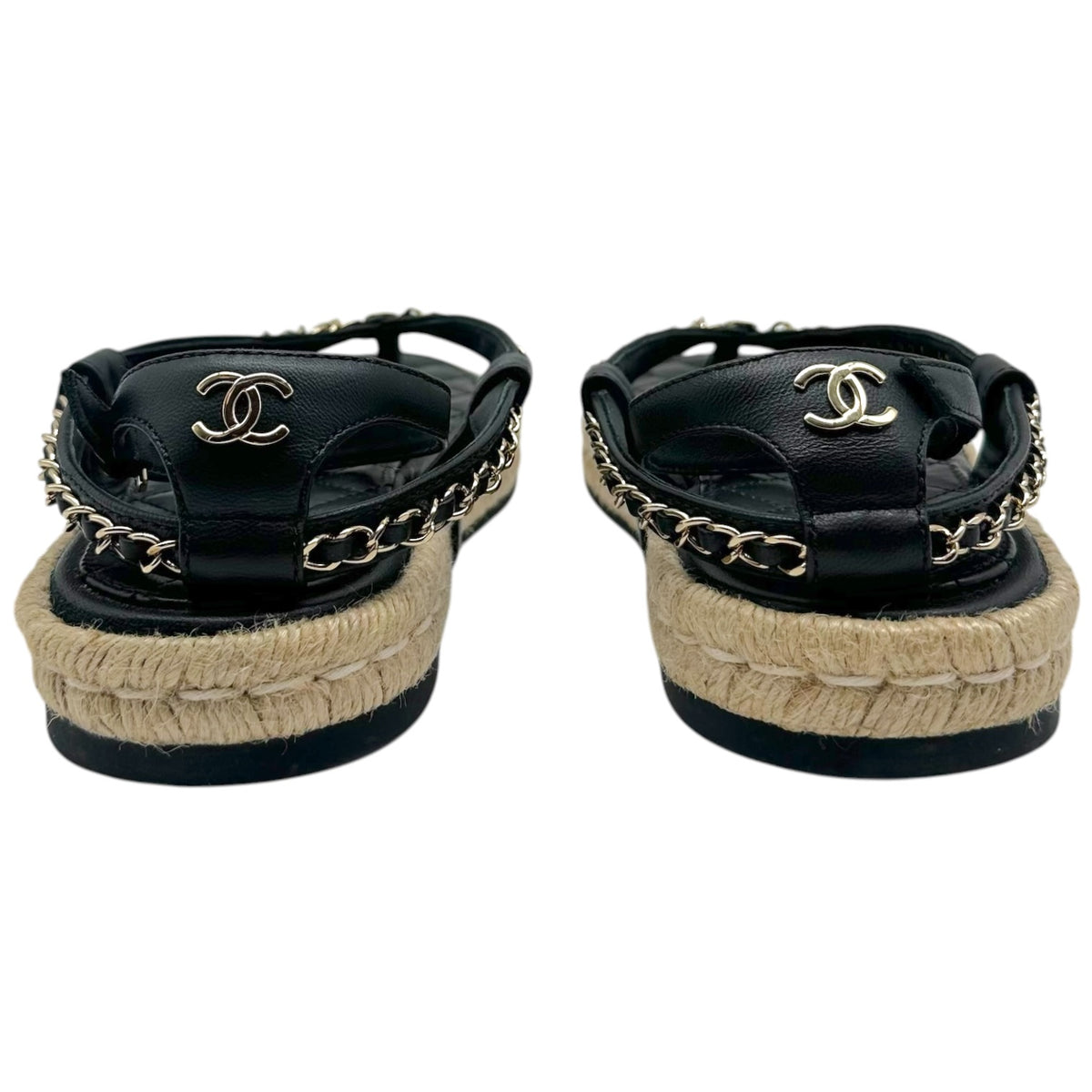 Chanel Black Leather & Jute Gold Chain Thong Flat Sandals