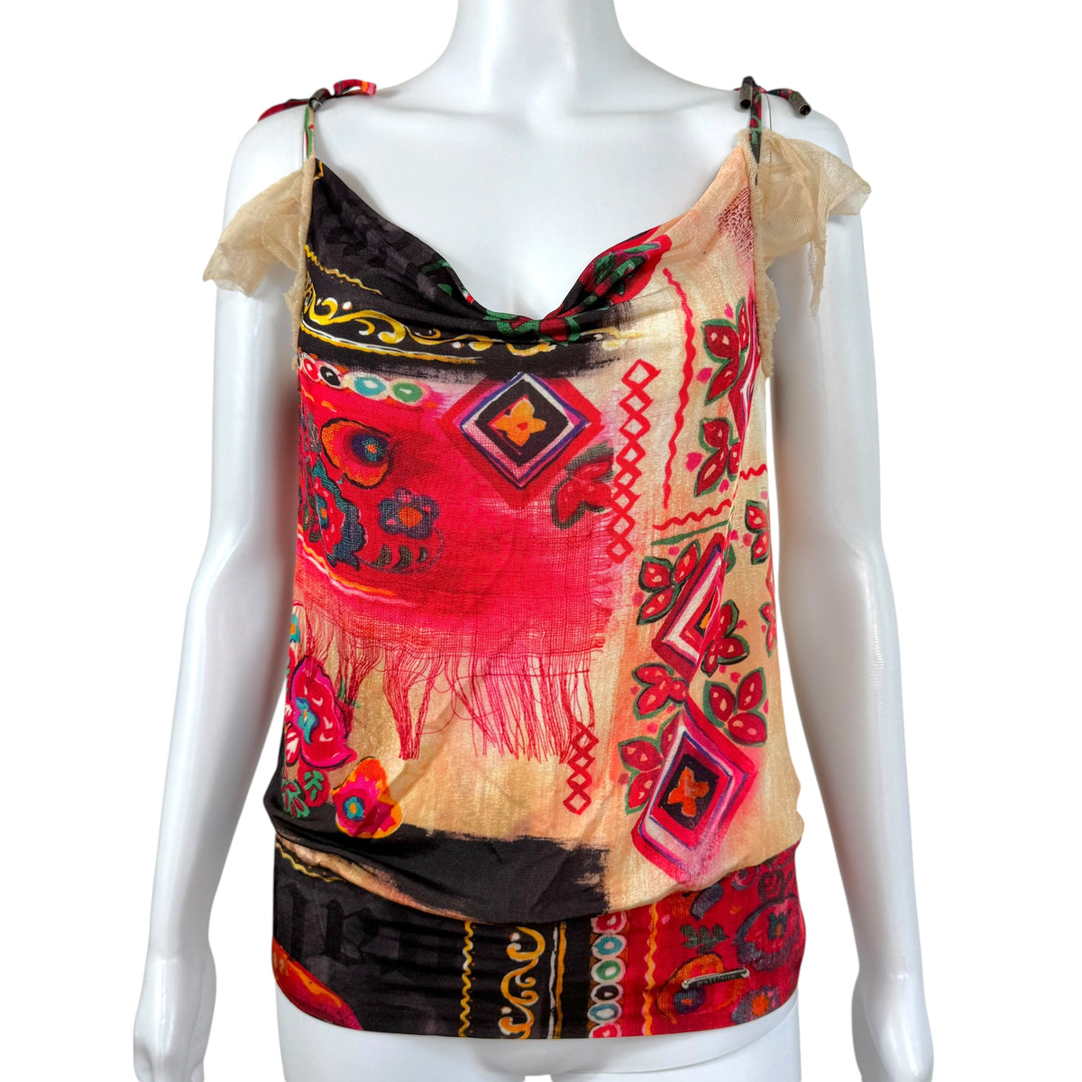 Galliano Multicolor Patterned Cowl Neck Cami Top