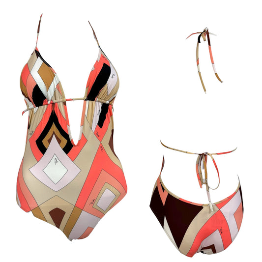 Emilio Pucci Coral & Beige Printed Backless One-Piece Swimsuit