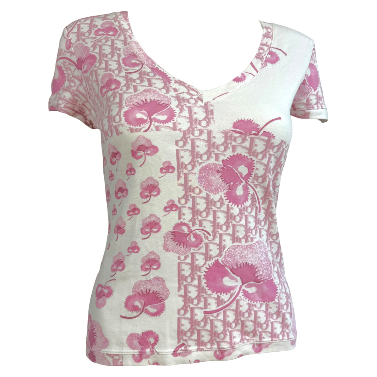 Christian Dior V-Neck T-Shirt Pink White Logo Print