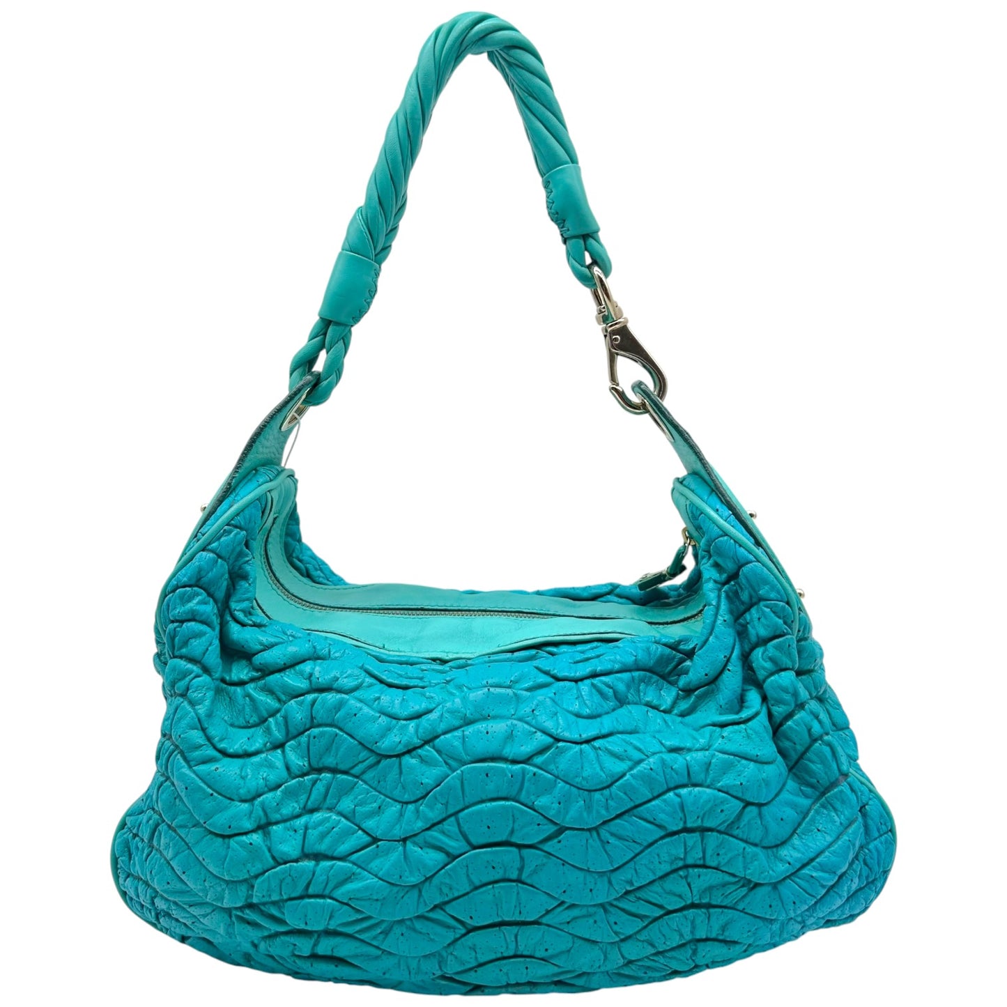 Versace Turqouise Blue Wave Quilted Lambskin Large Hobo Bag
