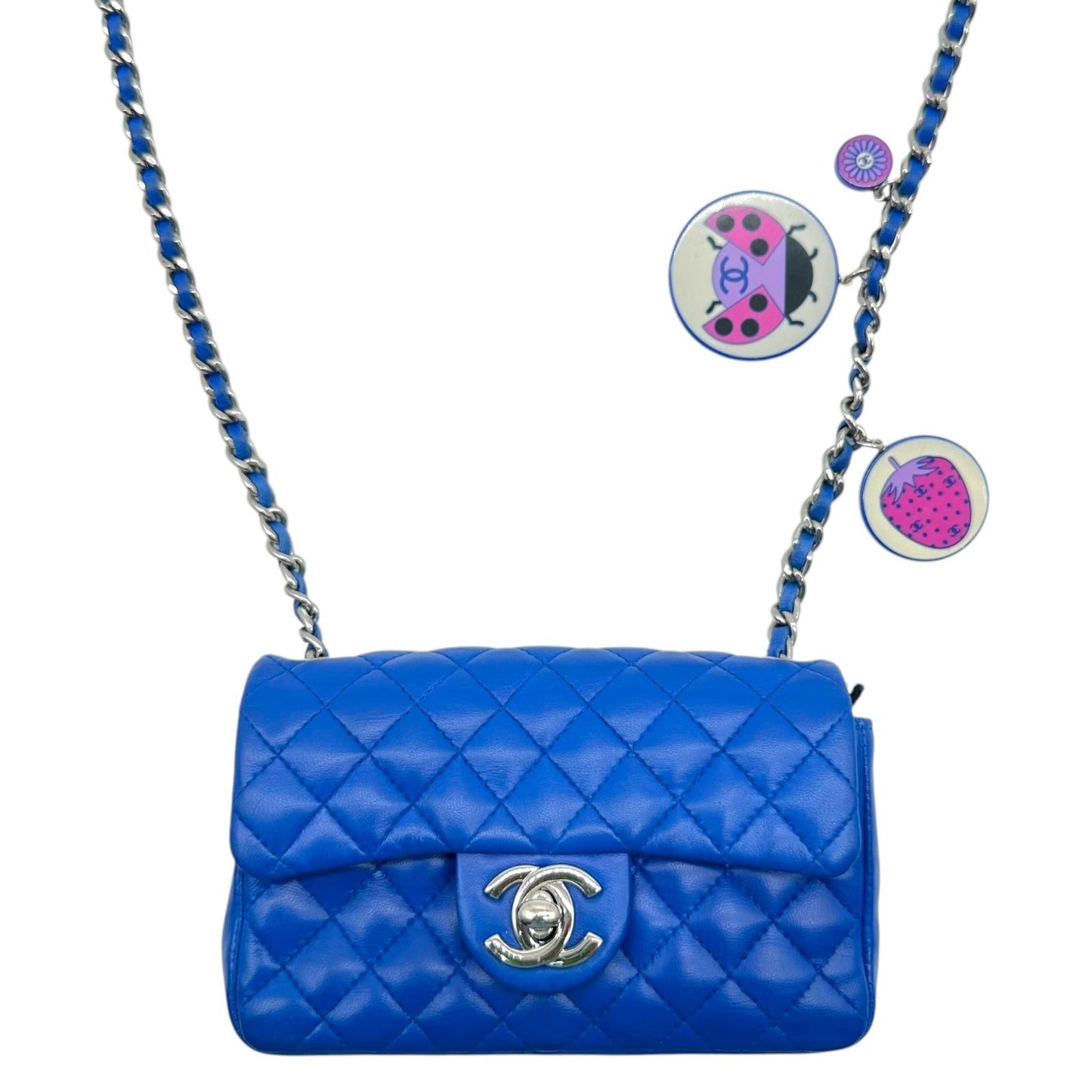 Chanel Cobalt Blue & Silver Matelasse Ladybug Charm Extra Mini Flap 2003-04