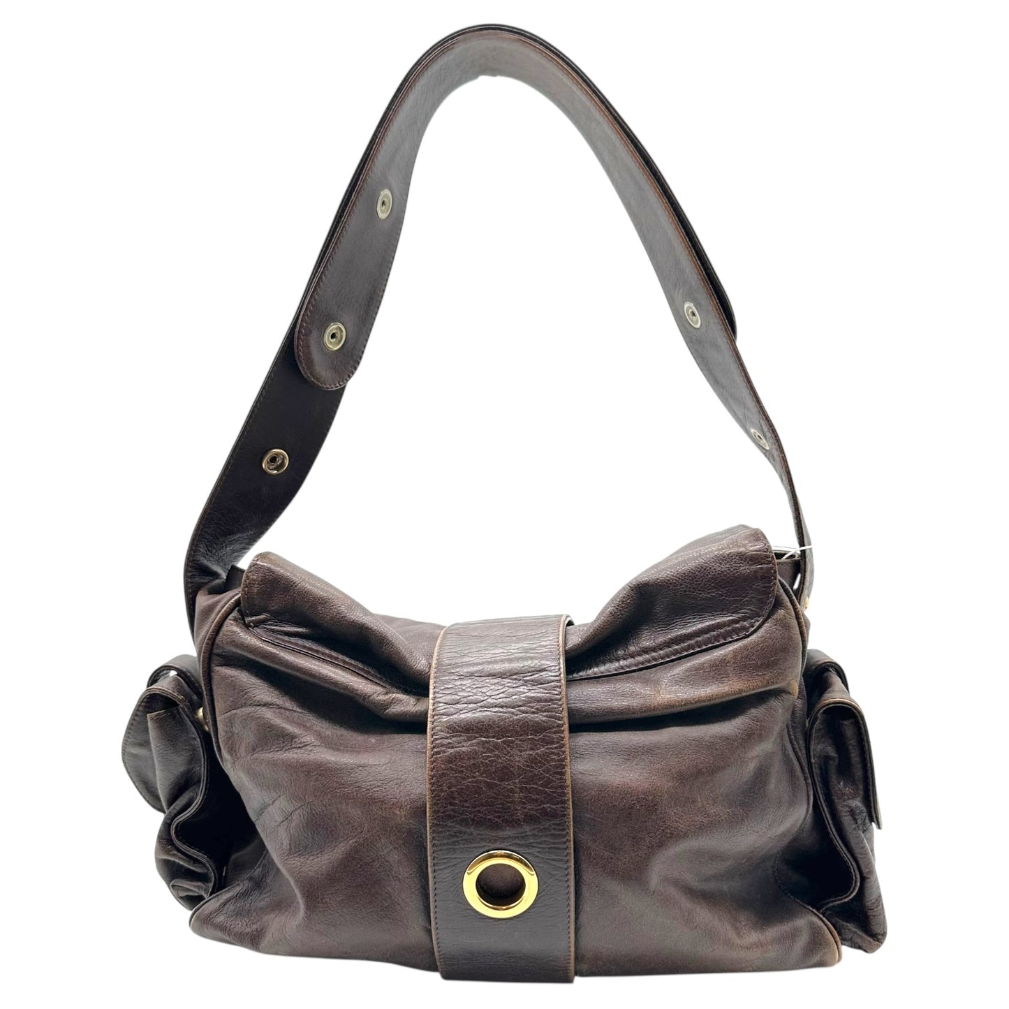 Marni Dark Brown Leather Cargo Style Shoulder Hobo Bag