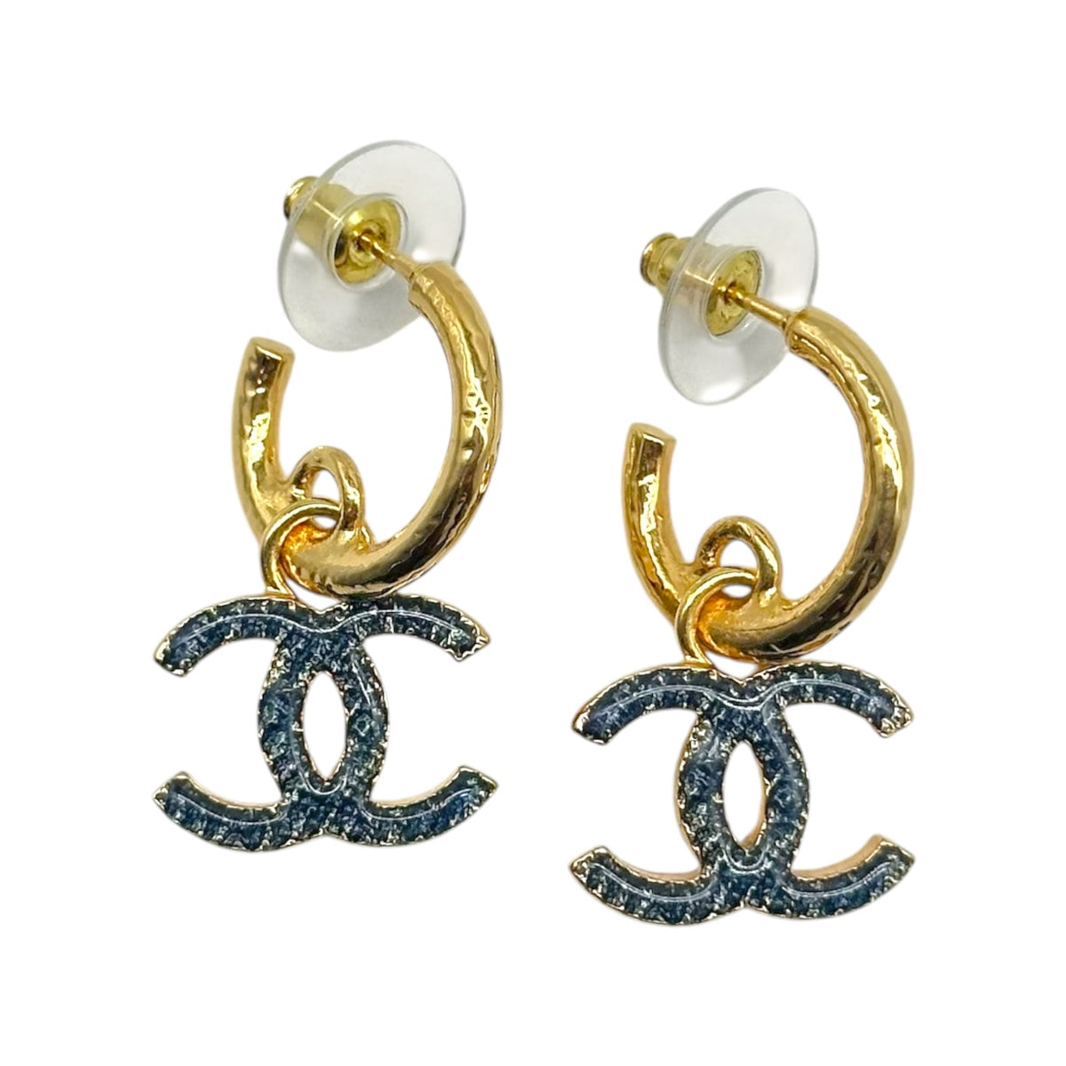 Chanel Spring 2024 Gold & Denim CC Logo Dangly Hoop Earrings
