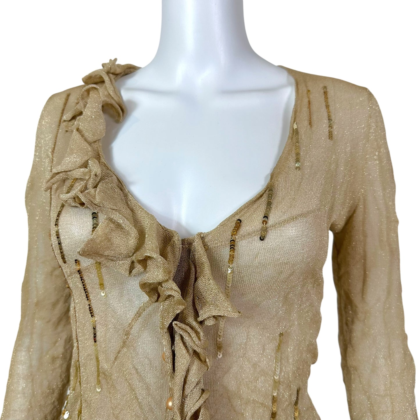 John Galliano S/S 2007 Gold Sequin Embellished Tan Sheer Knit Cardigan