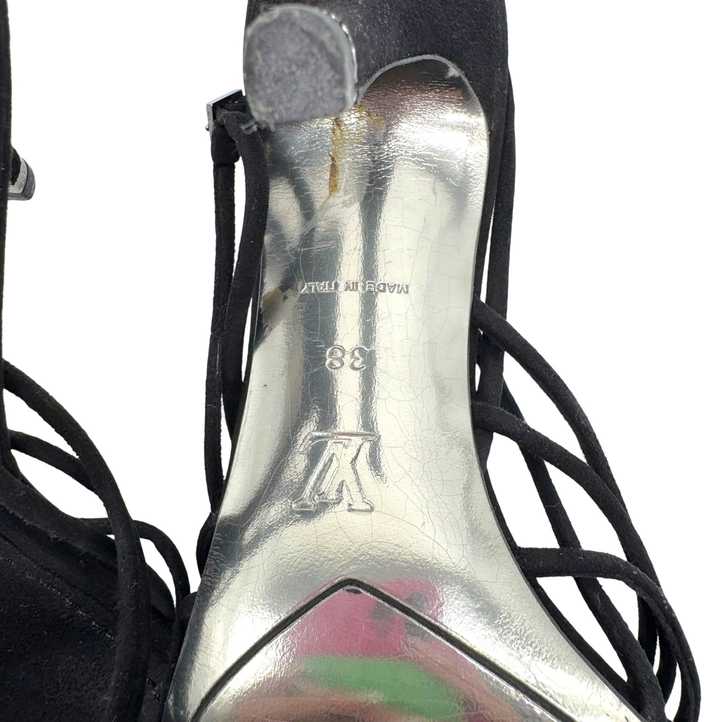 Louis Vuitton Black Strappy Crystal Flower Logo Sandal Heels