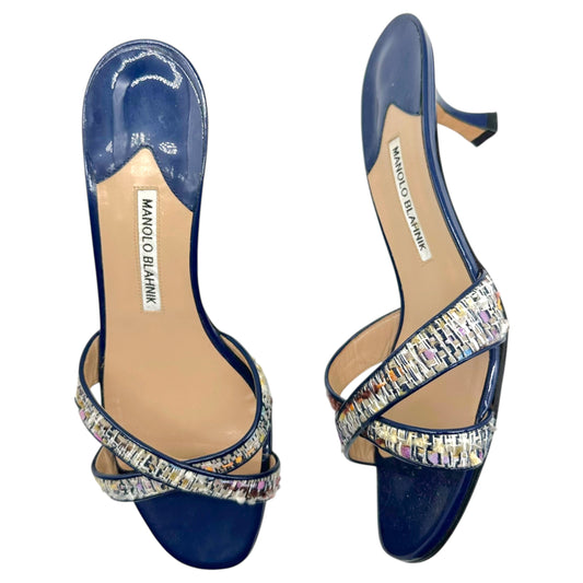 Manolo Blahnik Blue Patent & Multicolor Tweed Kitten Heel Sandal Mules