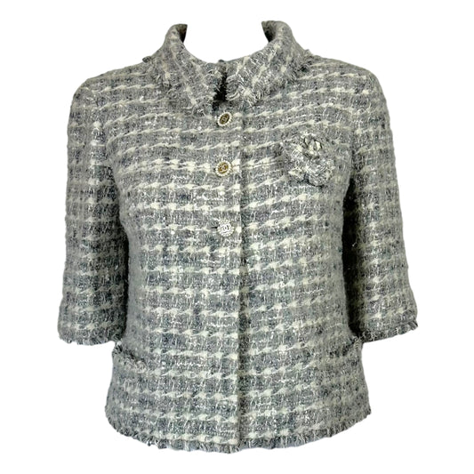 Chanel Fall 2005 Metallic Silver & Ivory Tweed Crop 1/2 Sleeve Jacket