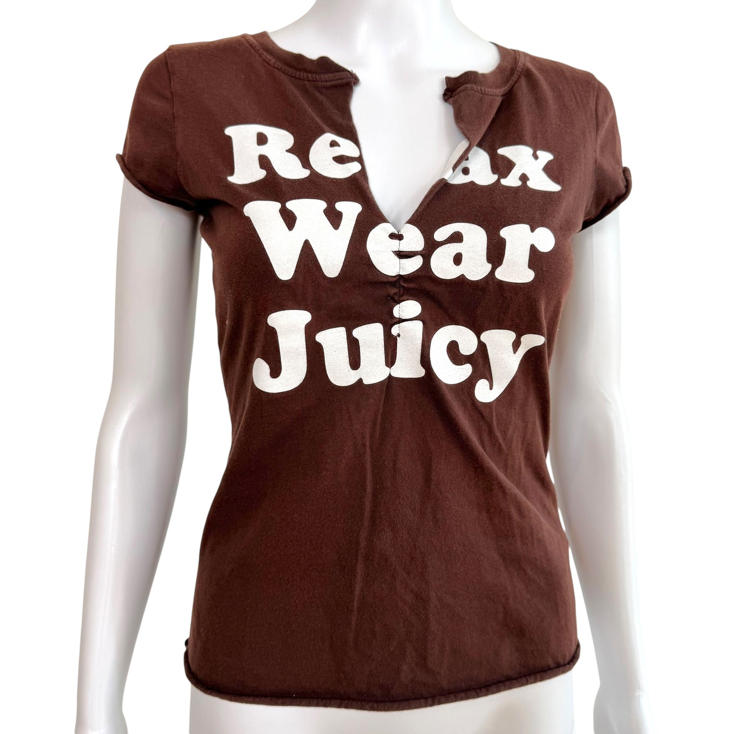 Juicy Couture Graphic T-Shirt Brown White Notched Neckline