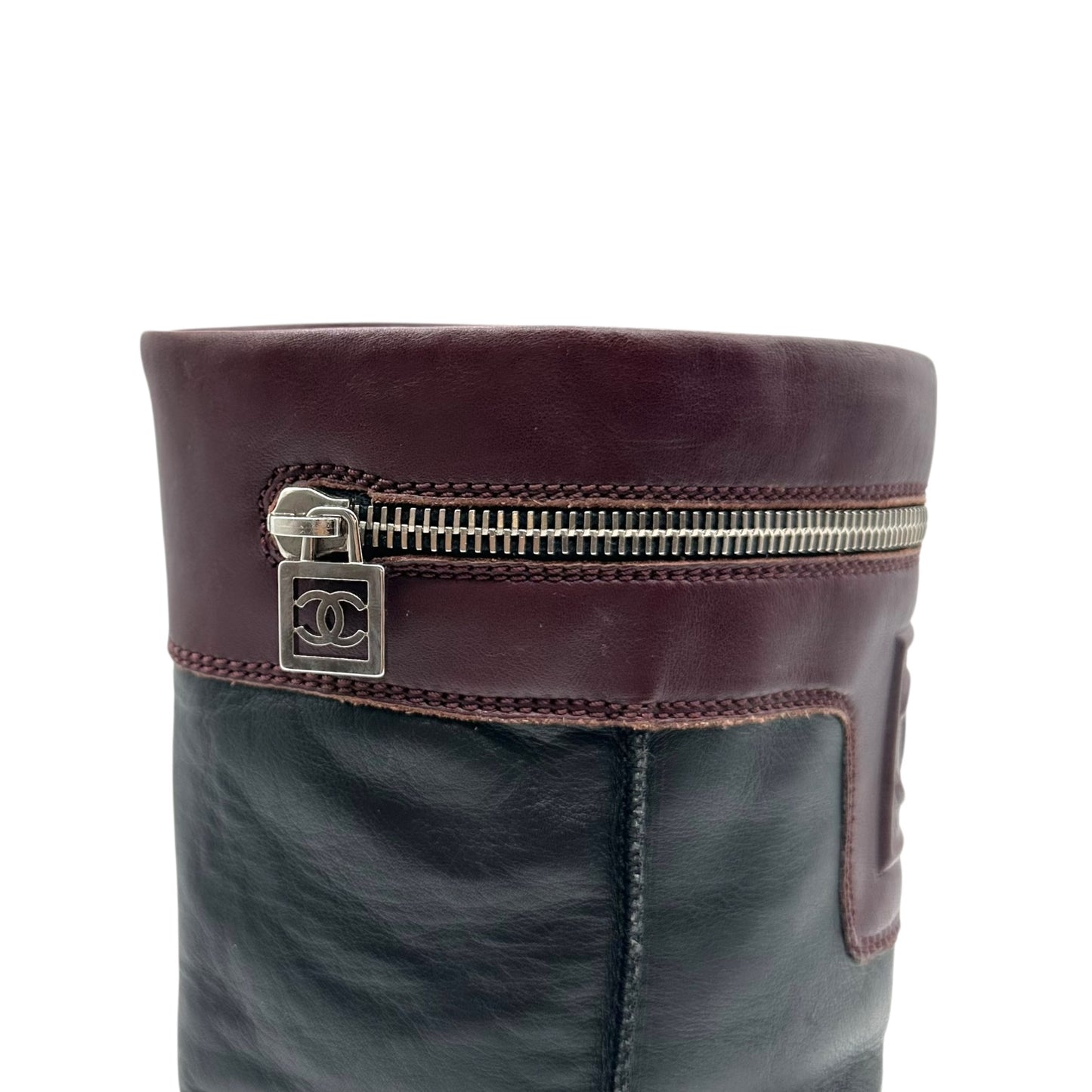 Chanel Burgundy & Black Leather Moto Boots