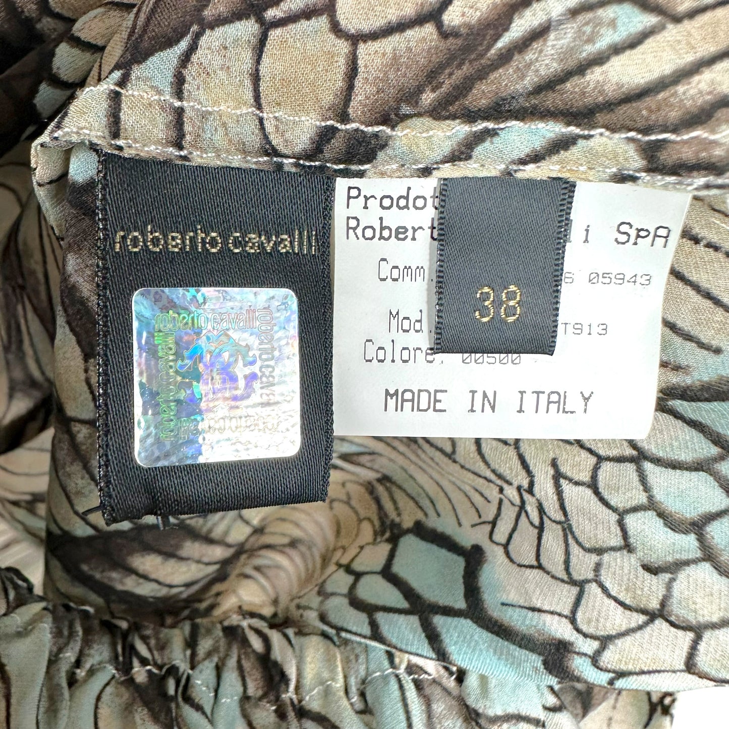 Roberto Cavalli 2006 Blue & Brown Feather Print Silk Peasant Blouse