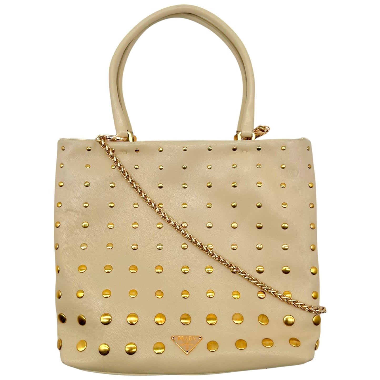 Prada Mini Tote Handbag Ivory Gold Studded Leather