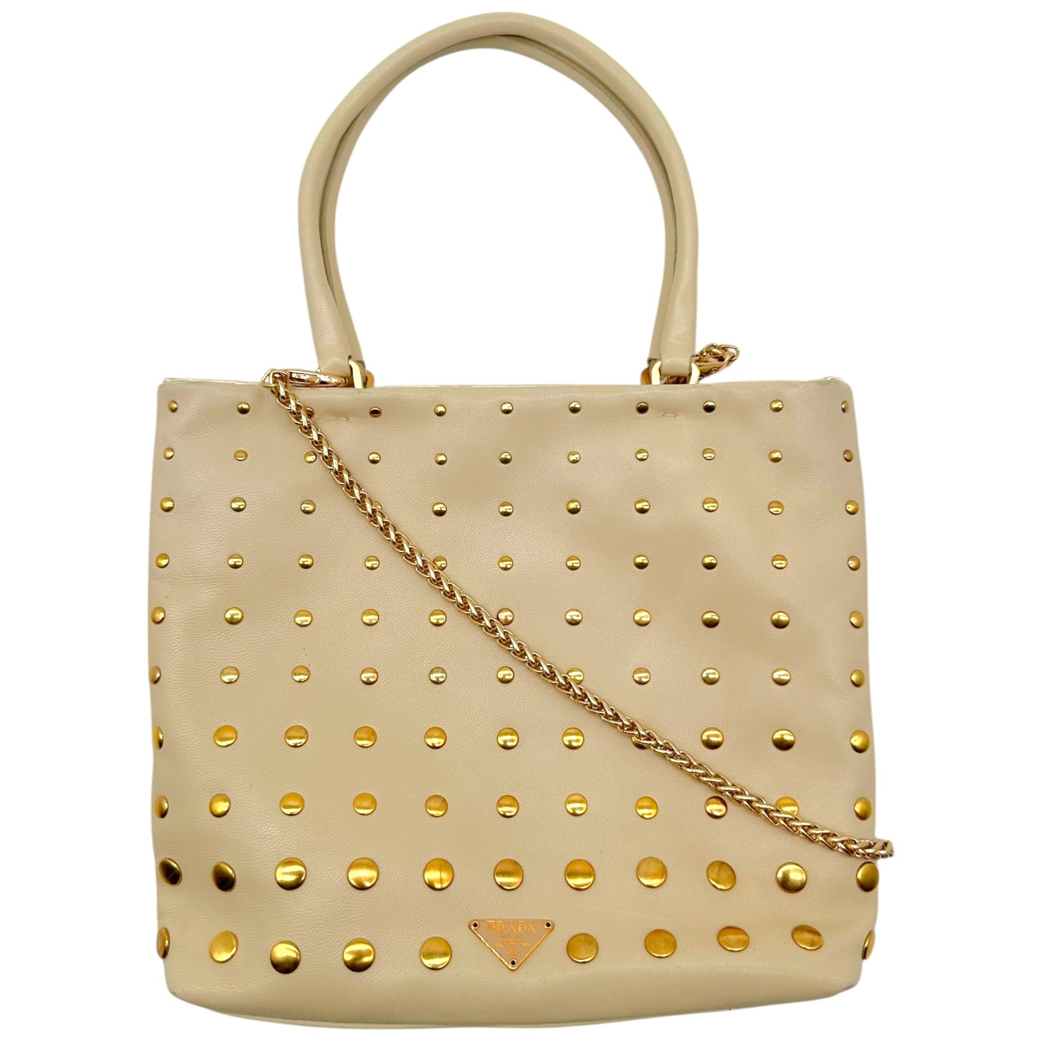 Prada Mini Tote Handbag Ivory Gold Studded Leather