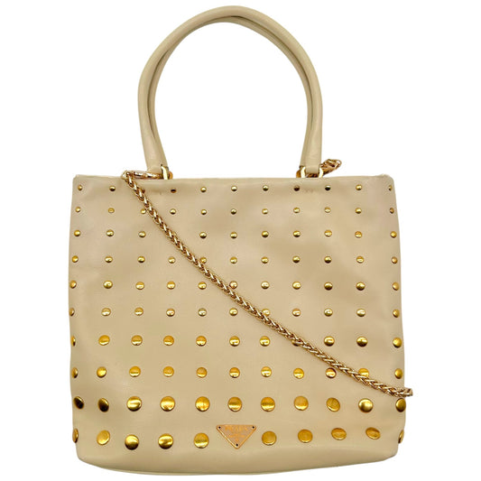 Prada Mini Tote Handbag Ivory Gold Studded Leather