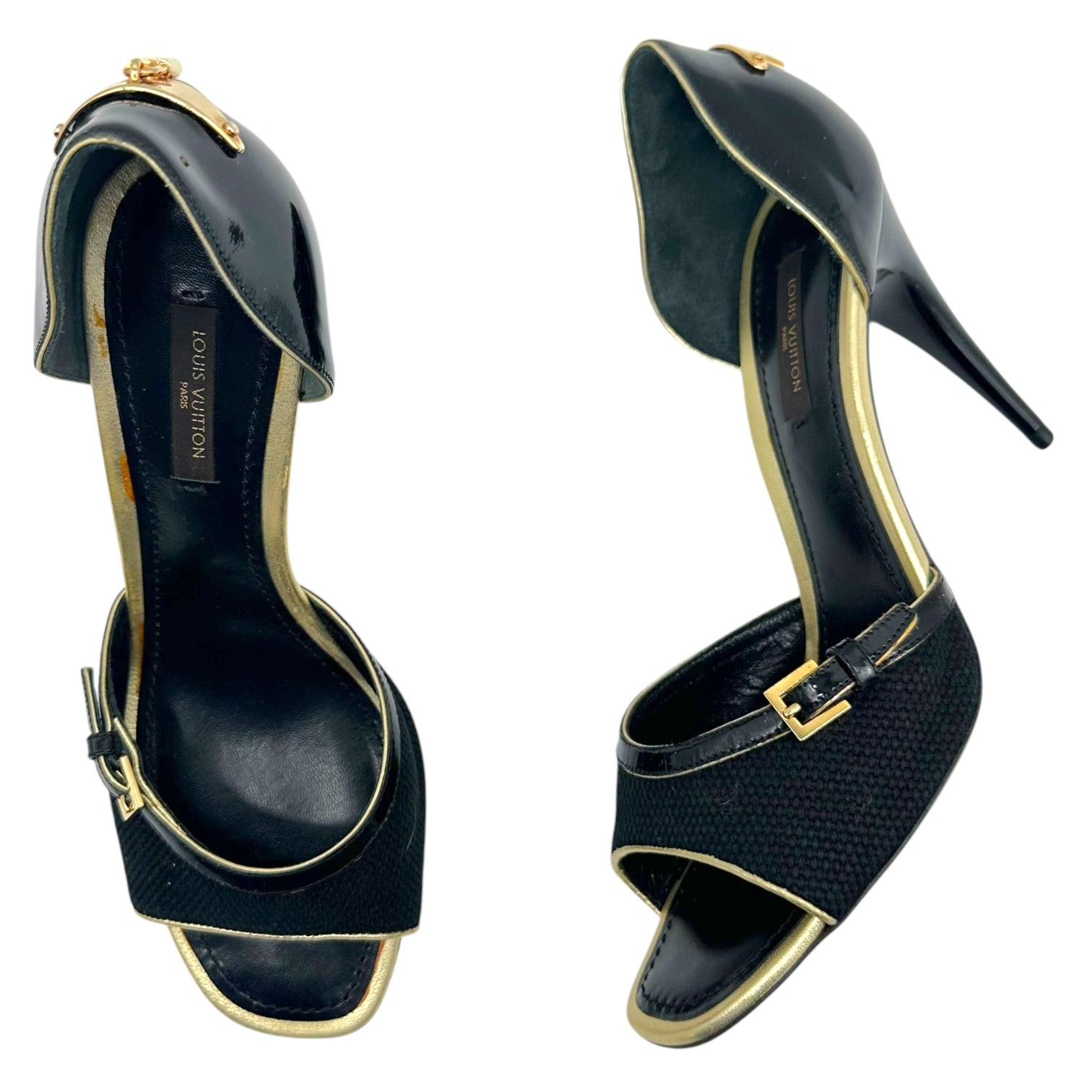 Louis Vuitton D'Orsay Sandal Heels Black Lizard Skin Gold