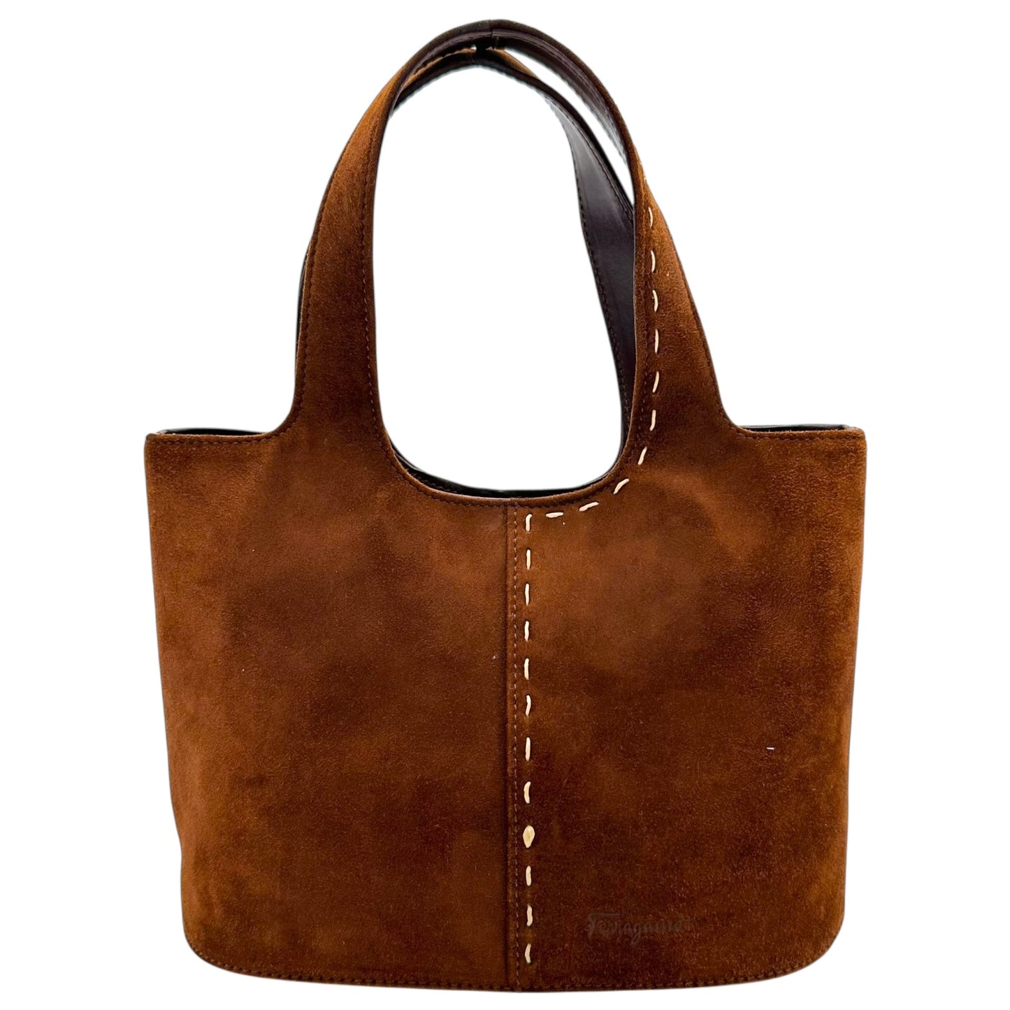 Salvatore Ferragamo Brown Suede Contrantrast Stitch 2-Way Mini Bucket Bag - Outfit Repeater