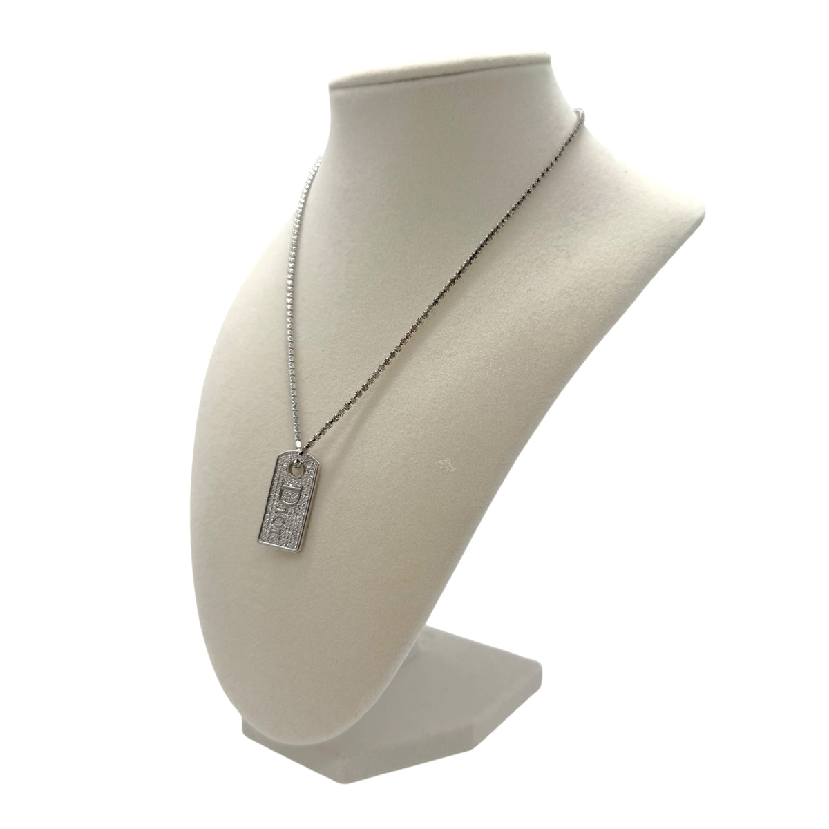 Christian Dior Silver Rhinestone Tennis Chain Logo Tag Necklace
