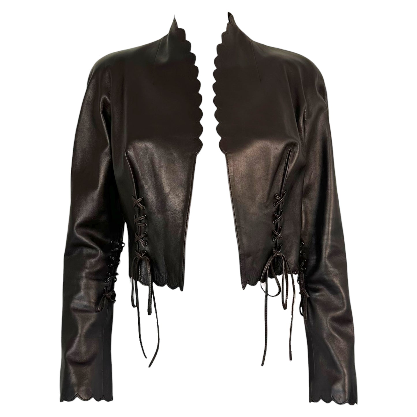 Christian Dior F/W 2000 Brown Scalloped Edge Cropped Leather Jacket