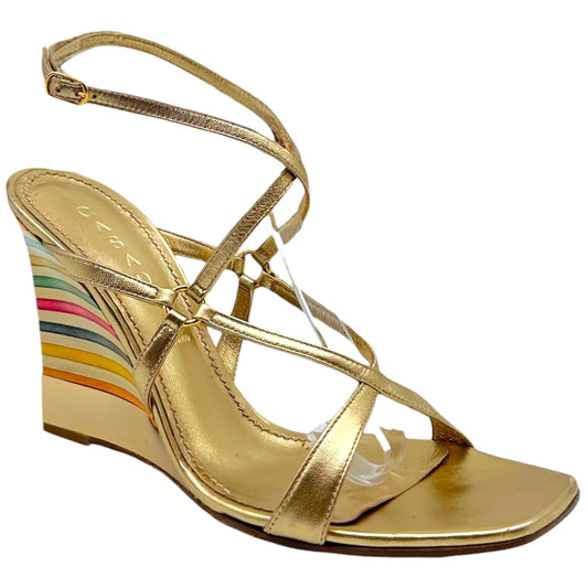 Casadei Metallic Gold & Multicolor Wooden Heel Strappy Wedges - Outfit Repeater