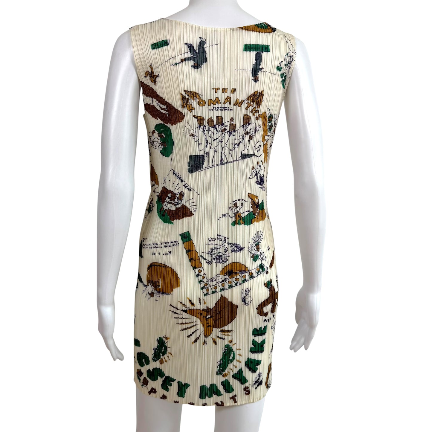 Issey Miyake Pleats Please x Terry Johnson White & Green Multicolor Doodle Print Pleated Mini Dress Sz 4