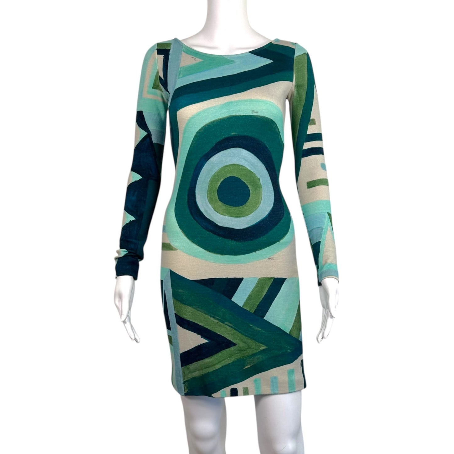 Emilio Pucci Teal Printed Wool Knit Longsleeve Mini Dress