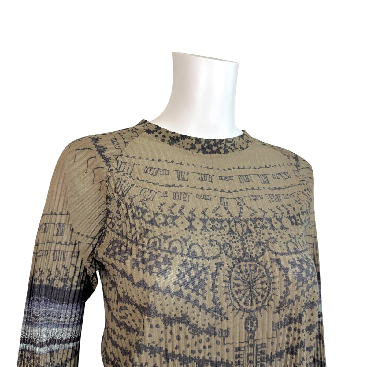 Issey Miyake Pleated Khaki Black Tattoo Print Longsleeve Top