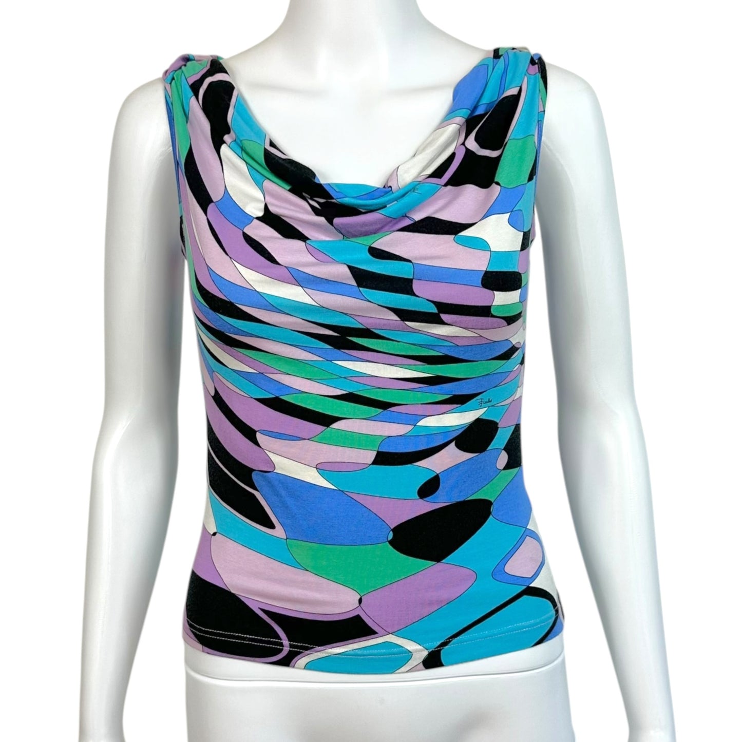Emilio Pucci Blue & Purple Printed Cowl Neck Tank